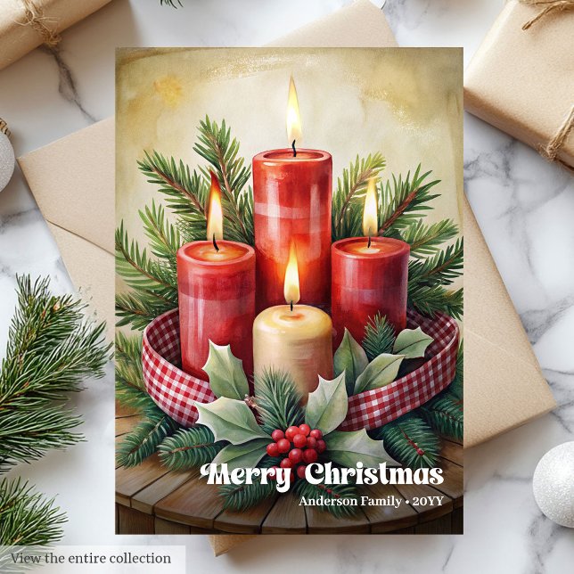 Rustic Christmas candles card red green holiday Julkort (Rustic Christmas bells card red green holiday charm

)