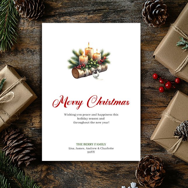 Rustic Christmas candles pine holly design card Julkort (Rustic Christmas candles pine holly design card)