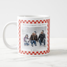 Rustic Christmas Gift 2 Photo Trendy Red Plaid Jumbo Mugg