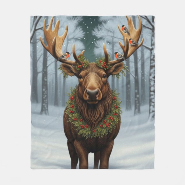Rustic Christmas moose winter woodland forest  Fleecefilt (Framsidan)