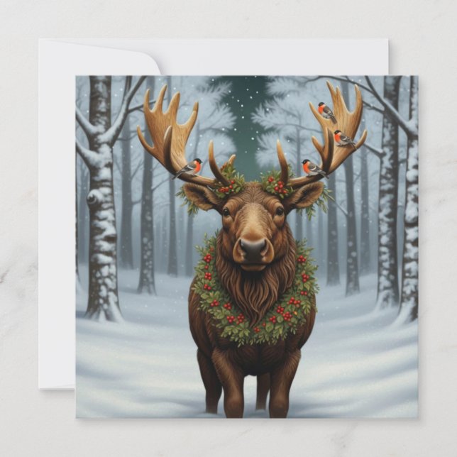 Rustic Christmas moose winter woodland forest  Julkort (Framsida)