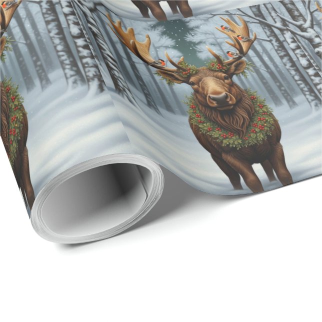 Rustic Christmas moose winter woodland forest  Presentpapper (Rullad Hörn)