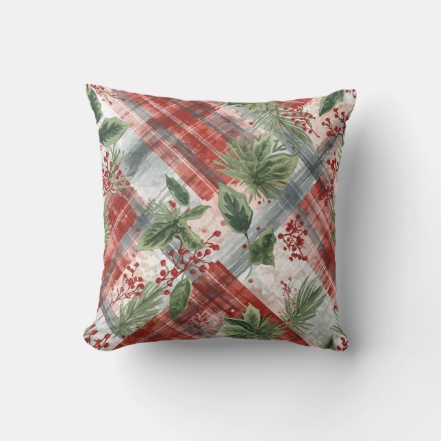 Rustic Christmas Plaid with Winter Pine & Berries Kudde (Framsida)