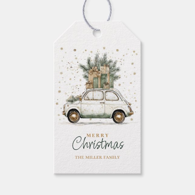 Rustic Christmas Santa Car Watercolor Presentetikett (Framsidan)