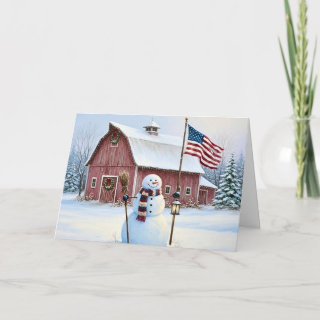 Rustic Christmas Snowman American Flag Helgkort (Framsida)