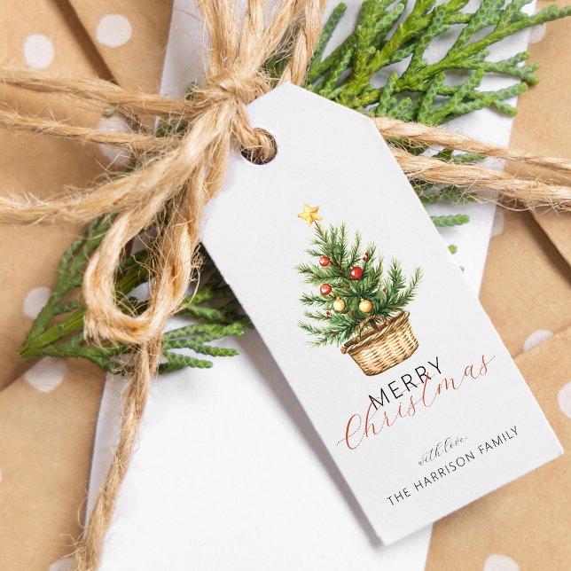 Rustic Christmas Tree In Basket Personalized Presentetikett (Rustic Christmas Tree In Basket Personalized Gift Tags)