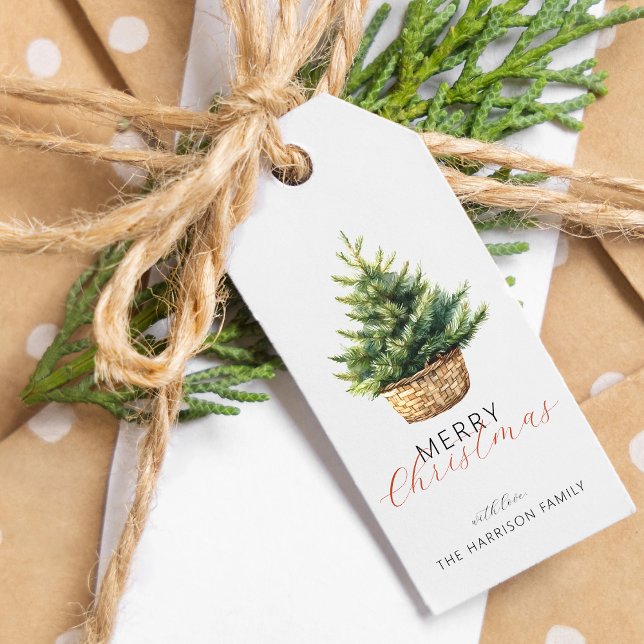 Rustic Christmas Tree In Basket Personalized Presentetikett (Rustic Christmas Tree In Basket Personalized Gift Tags)