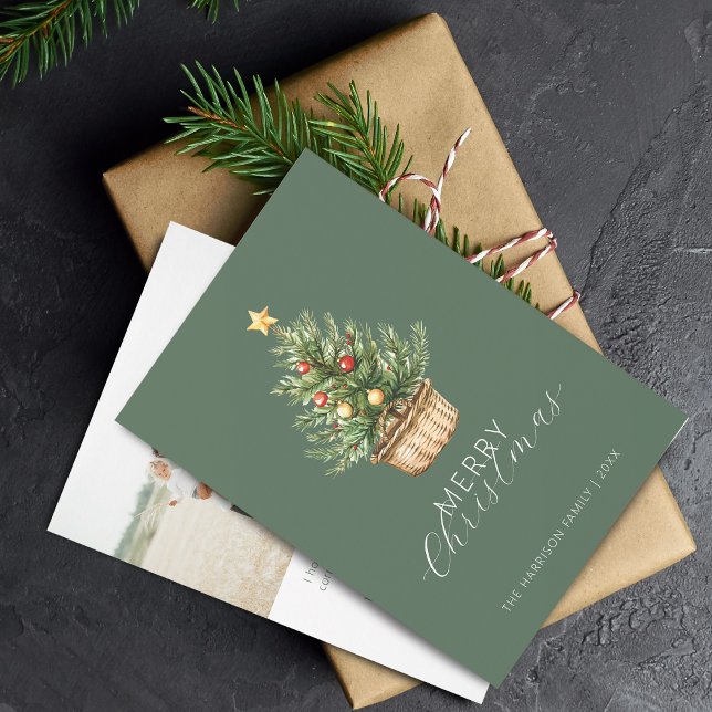 Rustic Christmas Tree In Basket Photo Flat Julkort (Rustic Christmas Tree In Basket Flat Holiday Card)