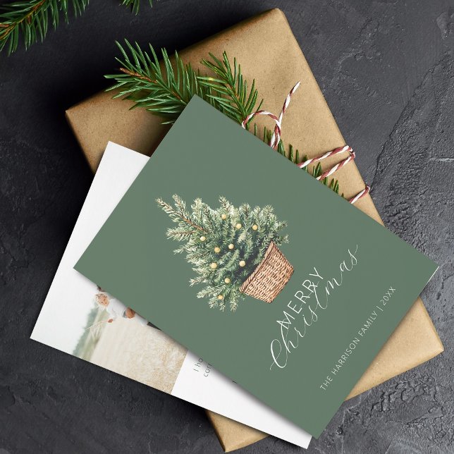 Rustic Christmas Tree In Basket Photo Flat Julkort (Rustic Christmas Tree In Basket Flat Holiday Card)