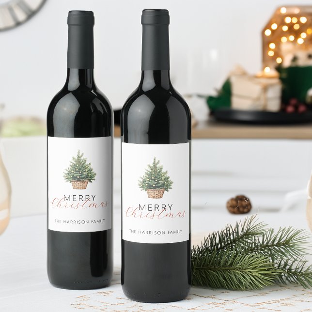 Rustic Christmas Tree In Basket Vinflaska Etikett (Rustic Christmas Tree In Basket Wine Label)
