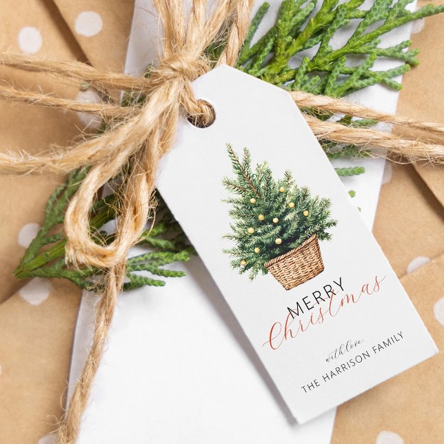 Rustic Christmas Tree Personalized Presentetikett (Rustic Christmas Tree In Basket Personalized Gift Tags)