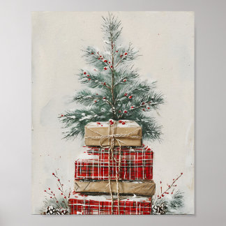 Rustic Christmas Tree & Plaid Gift Stack Poster
