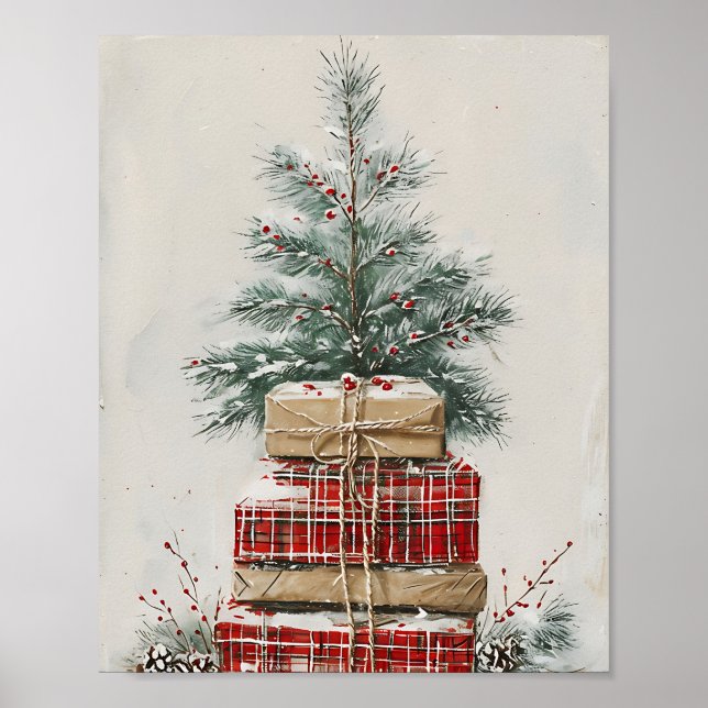 Rustic Christmas Tree & Plaid Gift Stack  Poster (Framsidan)