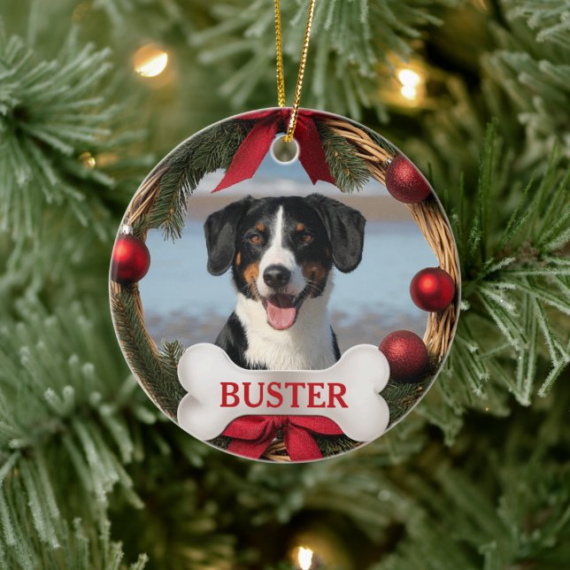 Rustic Christmas Wreath Dog Photo Tree Ornament (Träd)