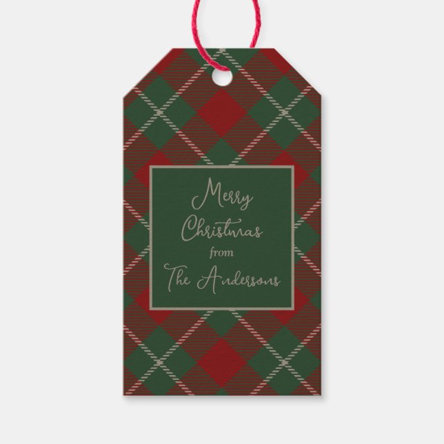 Rustic Chrstmas Tartan Play med Namn Presentetikett (Framsidan)