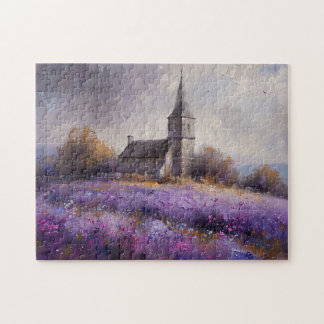 Rustic Church och Lila Wildblomme Fält Painting Pussel