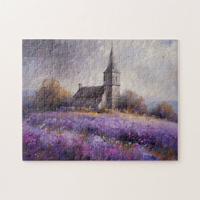 Rustic Church och Lila Wildblomme Fält Painting Pussel (Horisontell)