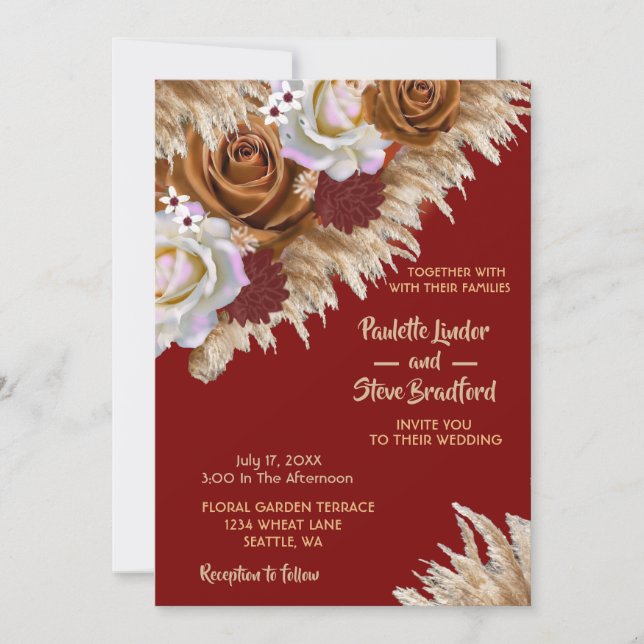 Rustic Cinnamon Ro Wildblomma Burgundy Bröllop Inbjudningar (Framsida)