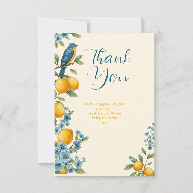 Rustic citon- och blåfågelmöhippa tack kort (Framsida)