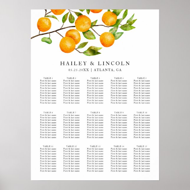 Rustic Citrus Sittdiagram för sommarsäten Bröllop Poster (Framsidan)