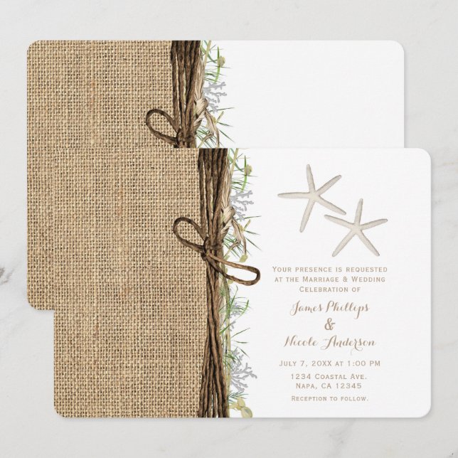 Rustic Coastal Beach Starfish Burlap & Greenery Inbjudningar (Fram/baksida)