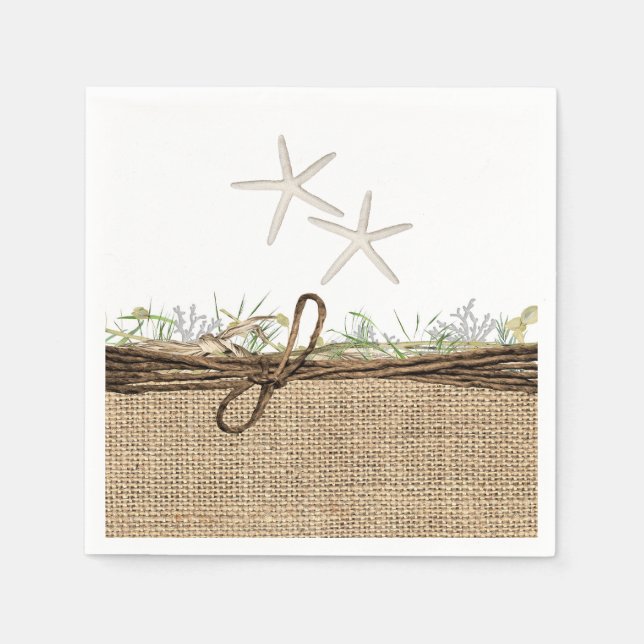Rustic Coastal Beach Starfish Burlap & Greenery Pappersservett (Framsidan)