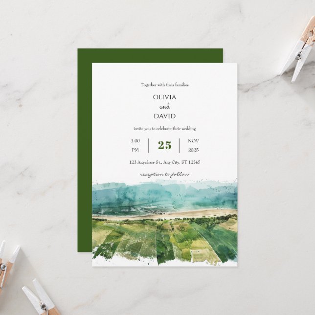 Rustic Coastal Grönt Farmlands View Beach Wedding Inbjudningar (Fram/Back In Situ)