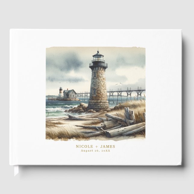 Rustic Coastal Lighthouse Seaside Beach Wedding Gästböcker (Framsida)