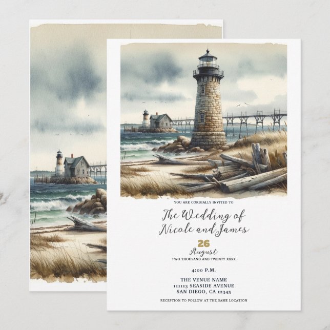 Rustic Coastal Lighthouse Seaside Beach Wedding Inbjudningar (Fram/baksida)