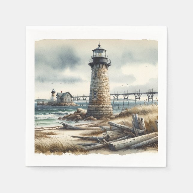 Rustic Coastal Lighthouse Seaside Beach Wedding Pappersservett (Framsidan)
