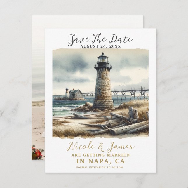Rustic Coastal Lighthouse Seaside Spara datumet Inbjudningar (Fram/baksida)