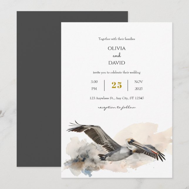 Rustic Coastal Pelican Watercolor Beach Wedding Inbjudningar (Fram/baksida)