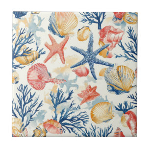 Rustic Coastal - Seashells, Starfish, Reef (10) Kakelplatta