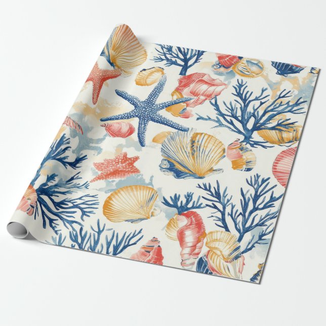 Rustic Coastal - Seashells, Starfish, Reef (10) Presentpapper (Utrullad)