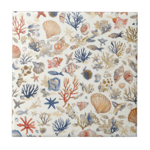 Rustic Coastal - Seashells, Starfish, Reef (12) Kakelplatta