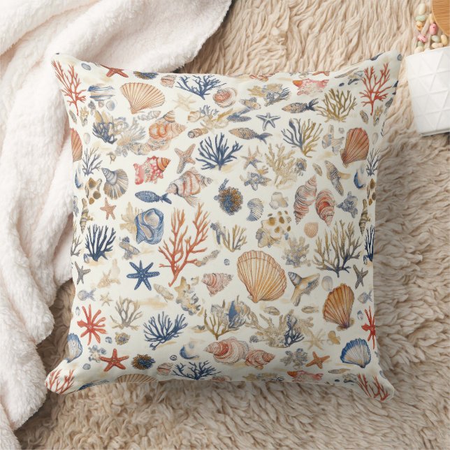 Rustic Coastal - Seashells, Starfish, Reef (12) Kudde (Filt)