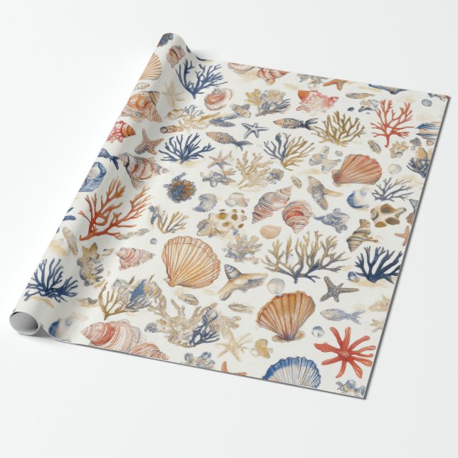 Rustic Coastal - Seashells, Starfish, Reef (12) Presentpapper (Utrullad)