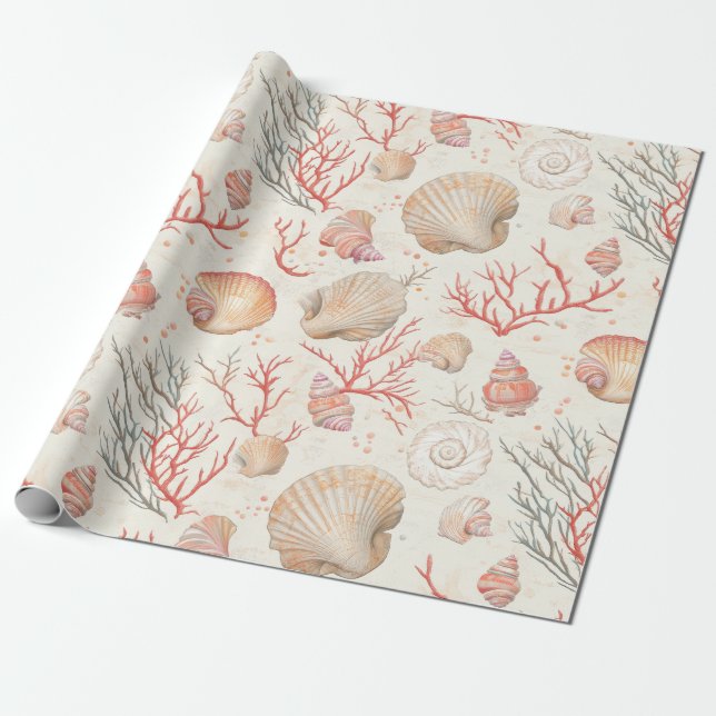 Rustic Coastal - Seashells, Starfish, Reef (16) Presentpapper (Utrullad)
