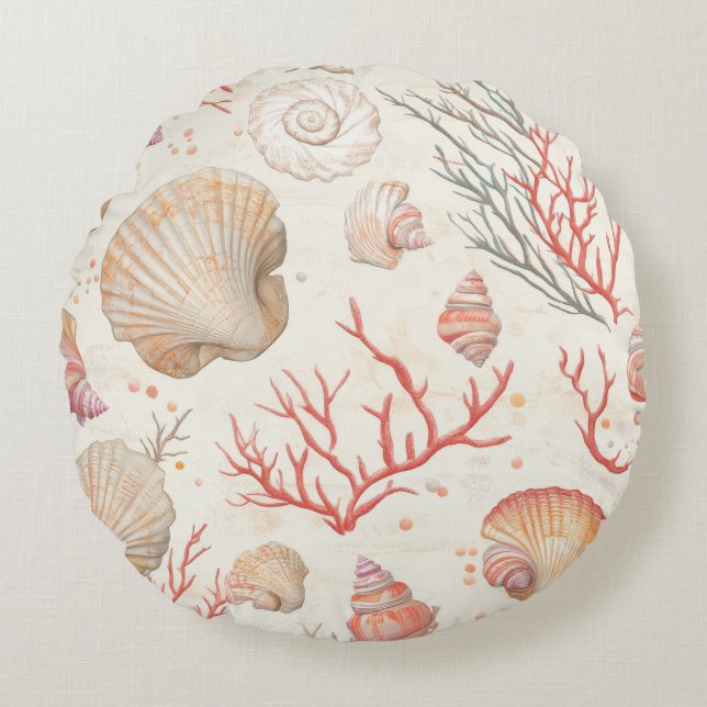 Rustic Coastal - Seashells, Starfish, Reef (16) Rund Kudde (Framsidan)