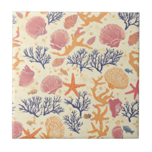 Rustic Coastal - Seashells, Starfish, Reef (1) Kakelplatta