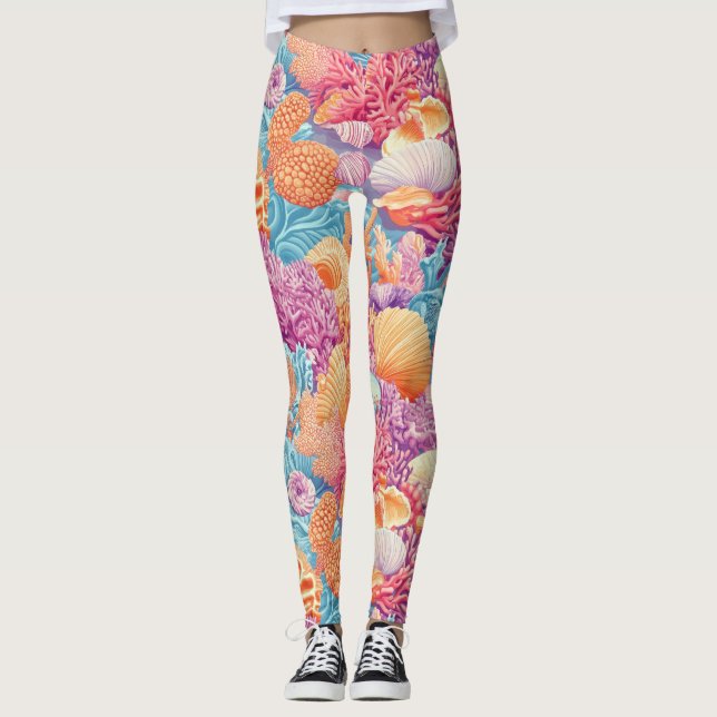 Rustic Coastal - Seashells, Starfish, Reef (20) Leggings (Framsida)