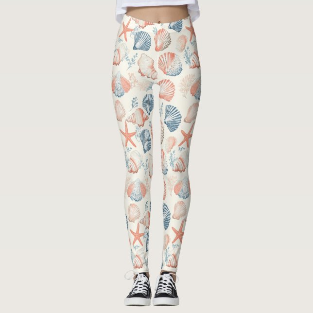 Rustic Coastal - Seashells, Starfish, Reef (23) Leggings (Framsida)