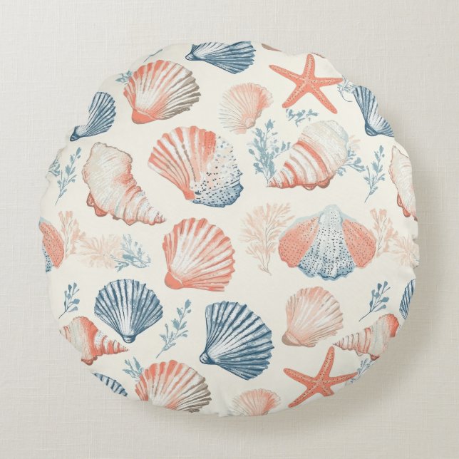 Rustic Coastal - Seashells, Starfish, Reef (23) Rund Kudde (Framsidan)