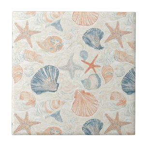 Rustic Coastal - Seashells, Starfish, Reef (25) Kakelplatta
