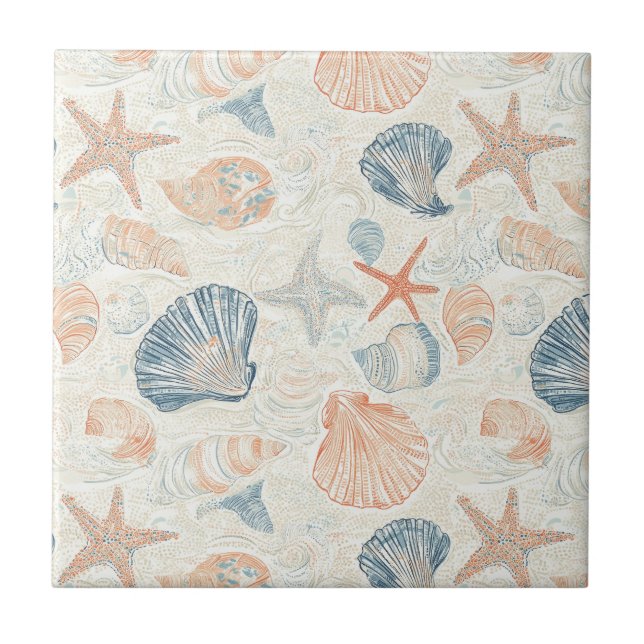 Rustic Coastal - Seashells, Starfish, Reef (25) Kakelplatta (Framsidan)