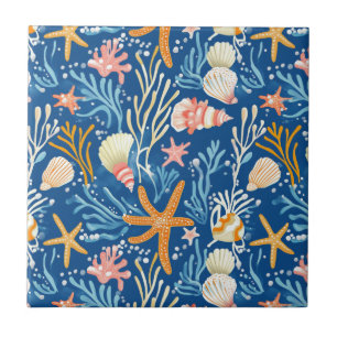 Rustic Coastal - Seashells, Starfish, Reef (26) Kakelplatta