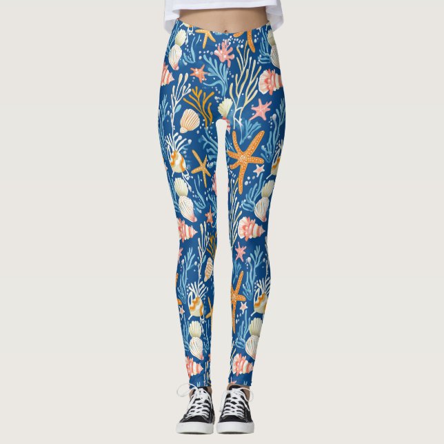 Rustic Coastal - Seashells, Starfish, Reef (26) Leggings (Framsida)