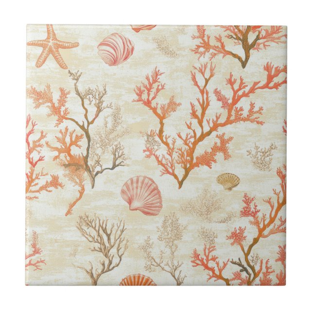Rustic Coastal - Seashells, Starfish, Reef (2) Kakelplatta (Framsidan)