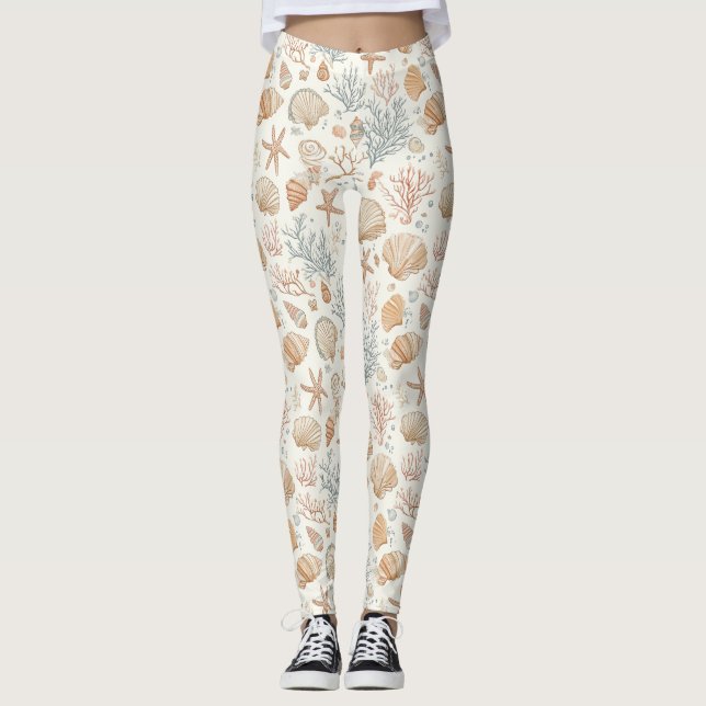 Rustic Coastal - Seashells, Starfish, Reef (32) Leggings (Framsida)