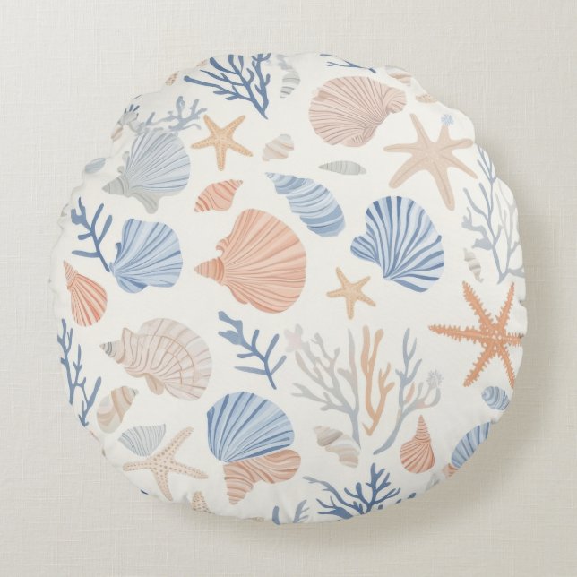 Rustic Coastal - Seashells, Starfish, Reef (34) Rund Kudde (Framsidan)